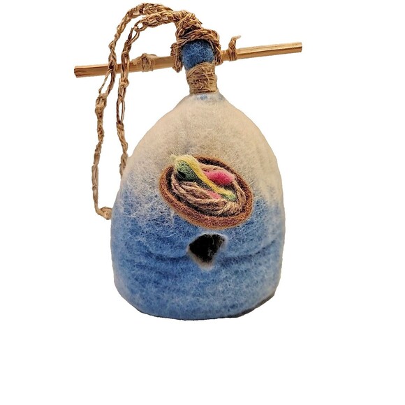 Felted Wool Bird House Nest Handmade Fiber Art Artist Wood Hanger Blue White - Picture 1 of 14